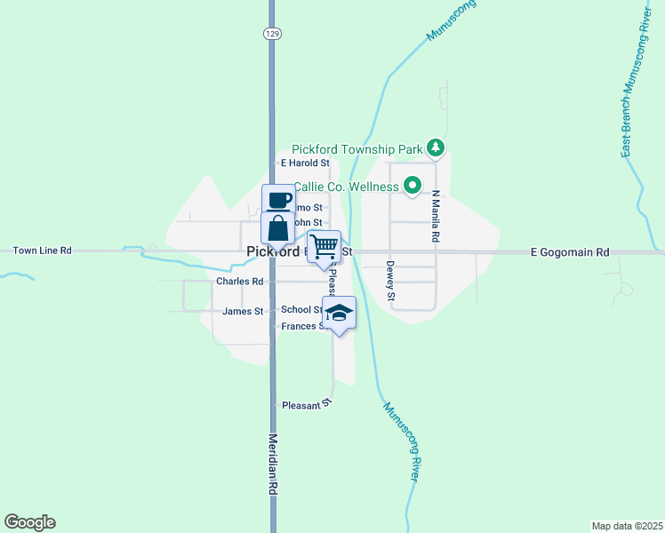 map of restaurants, bars, coffee shops, grocery stores, and more near 333 South Pleasant Street in Pickford