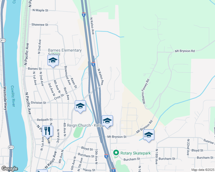 map of restaurants, bars, coffee shops, grocery stores, and more near 1652 North Minor Road in Kelso