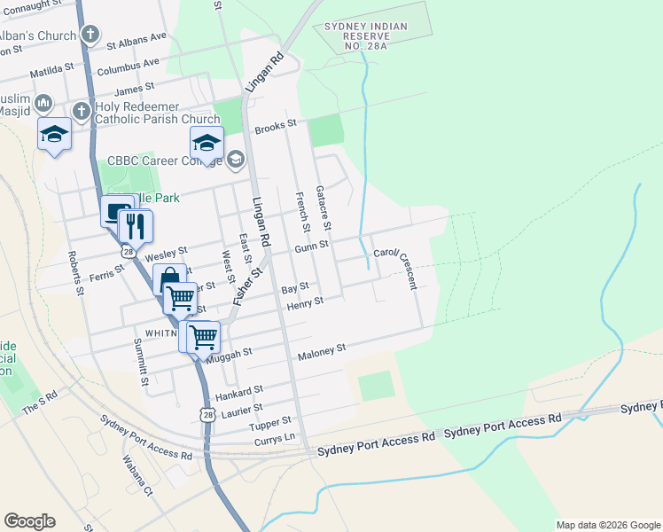map of restaurants, bars, coffee shops, grocery stores, and more near 196 Gatacre Street in Sydney