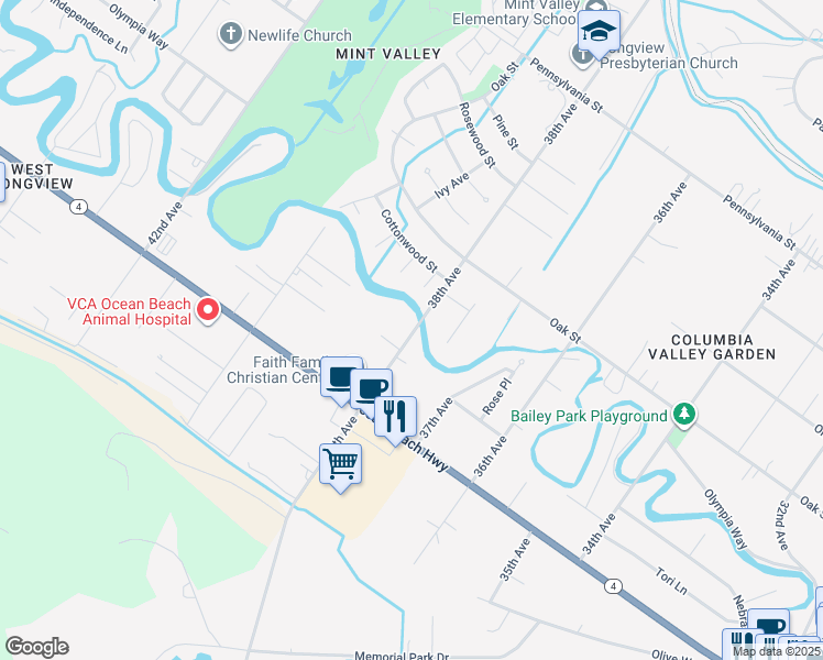 map of restaurants, bars, coffee shops, grocery stores, and more near 2321 38th Avenue in Longview