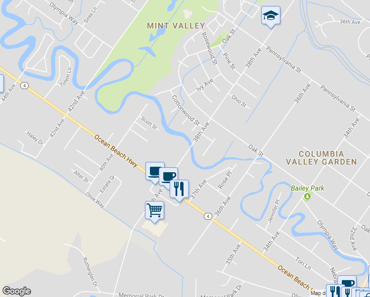 map of restaurants, bars, coffee shops, grocery stores, and more near 2321 38th Avenue in Longview