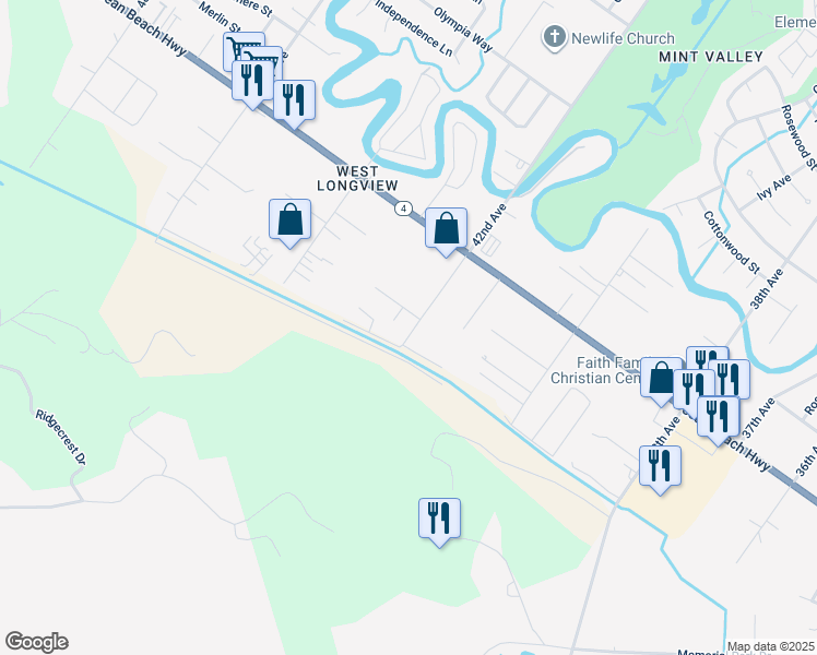 map of restaurants, bars, coffee shops, grocery stores, and more near 130 Haley Drive in Longview