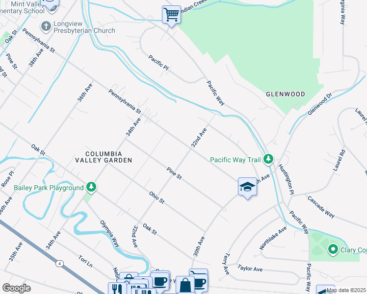 map of restaurants, bars, coffee shops, grocery stores, and more near 3205 Pennsylvania Street in Longview