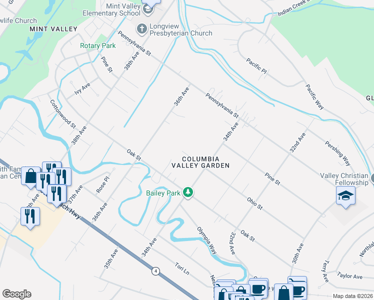 map of restaurants, bars, coffee shops, grocery stores, and more near 3436 Ohio Street in Longview
