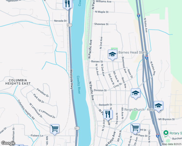 map of restaurants, bars, coffee shops, grocery stores, and more near 1420 North Pacific Avenue in Kelso