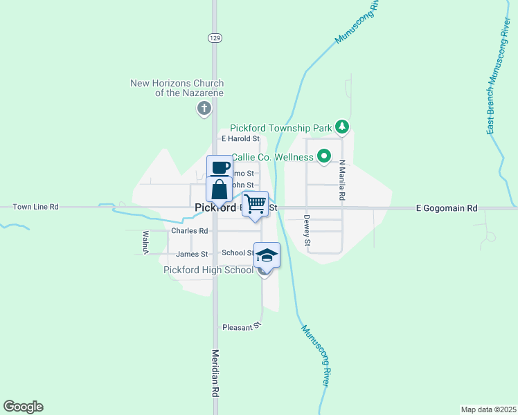 map of restaurants, bars, coffee shops, grocery stores, and more near 175 East Main Street in Pickford