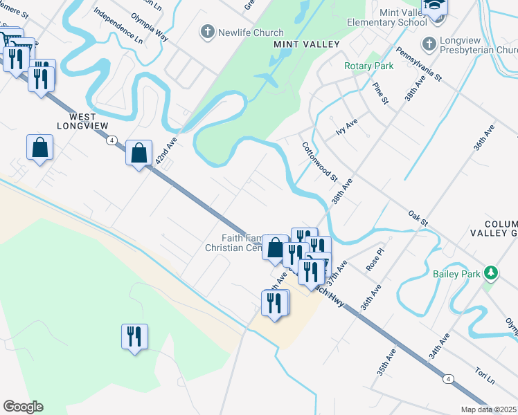 map of restaurants, bars, coffee shops, grocery stores, and more near 118 Cowan Court in Longview