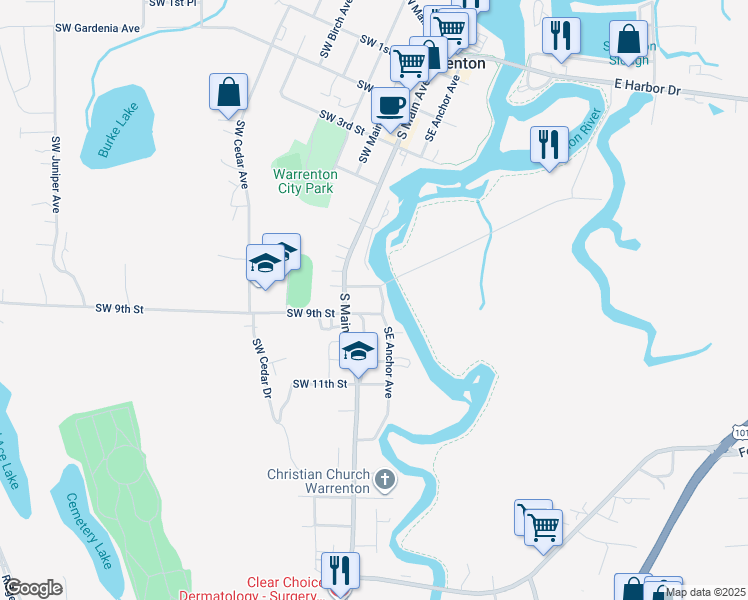 map of restaurants, bars, coffee shops, grocery stores, and more near 877 Southeast Anchor Avenue in Warrenton