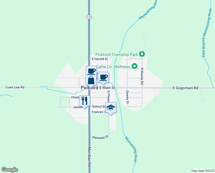 map of restaurants, bars, coffee shops, grocery stores, and more near 175 East Main Street in Pickford