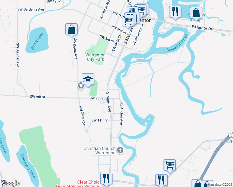 map of restaurants, bars, coffee shops, grocery stores, and more near 877 Southeast Anchor Avenue in Warrenton