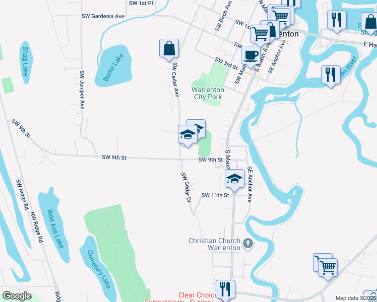 map of restaurants, bars, coffee shops, grocery stores, and more near 820 Southwest Cedar Avenue in Warrenton