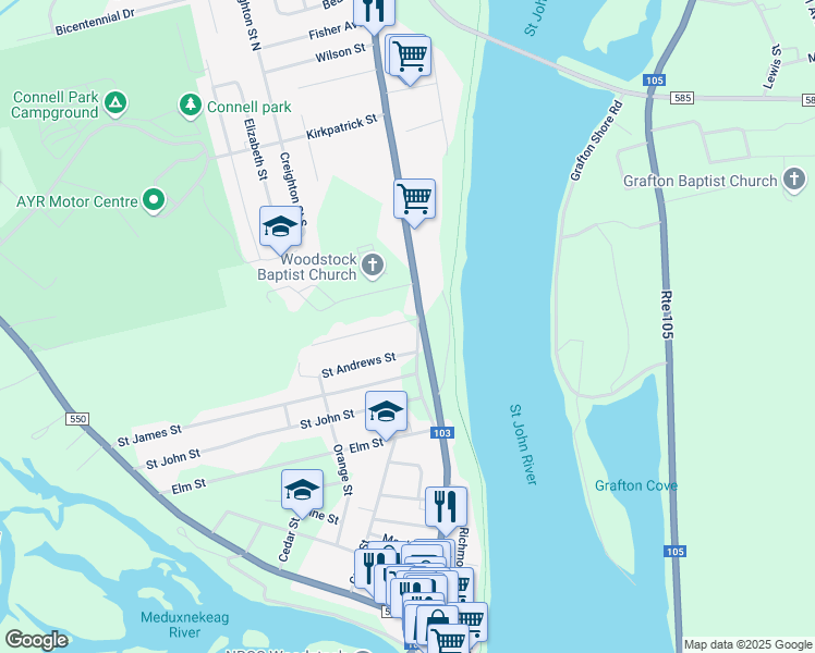 map of restaurants, bars, coffee shops, grocery stores, and more near 121 Grover Street in Woodstock