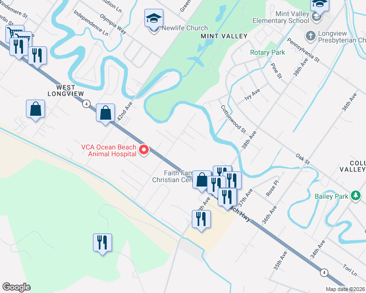 map of restaurants, bars, coffee shops, grocery stores, and more near 108 Cowan Court in Longview