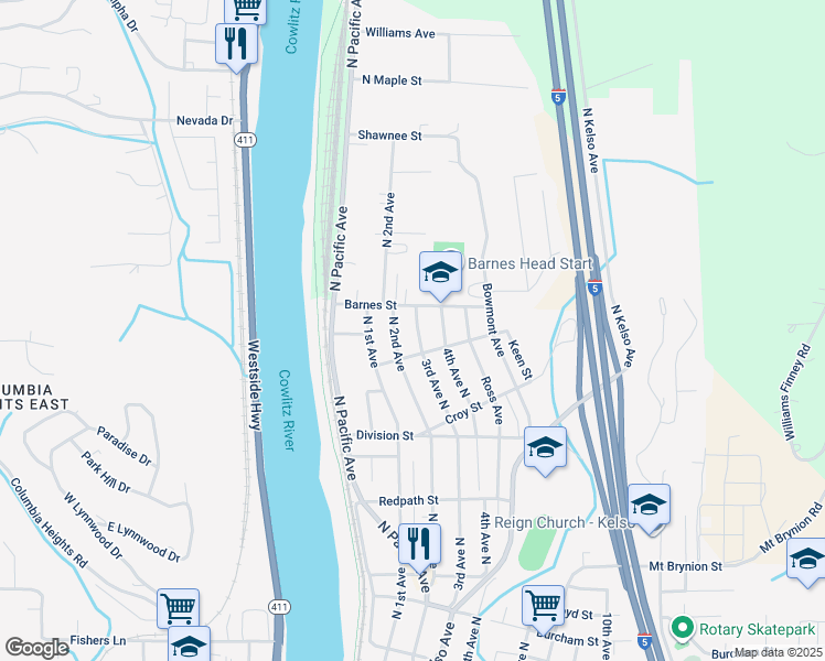 map of restaurants, bars, coffee shops, grocery stores, and more near 1511 3rd Avenue North in Kelso