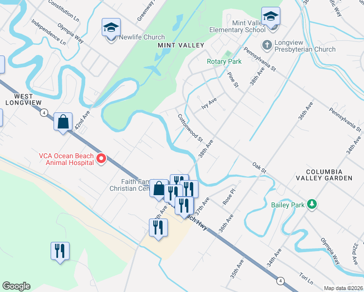 map of restaurants, bars, coffee shops, grocery stores, and more near 4 Ash Place in Longview