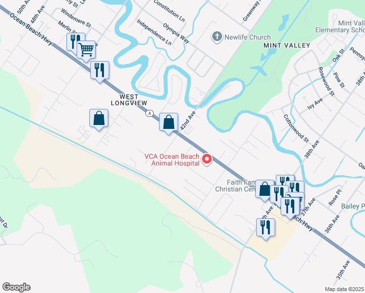 map of restaurants, bars, coffee shops, grocery stores, and more near 4138 Ocean Beach Highway in Longview