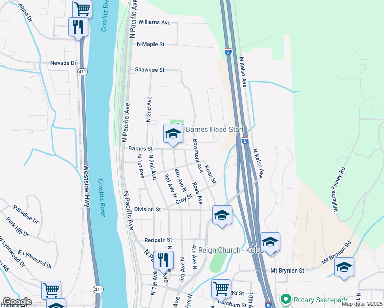 map of restaurants, bars, coffee shops, grocery stores, and more near 504 Barnes Street in Kelso