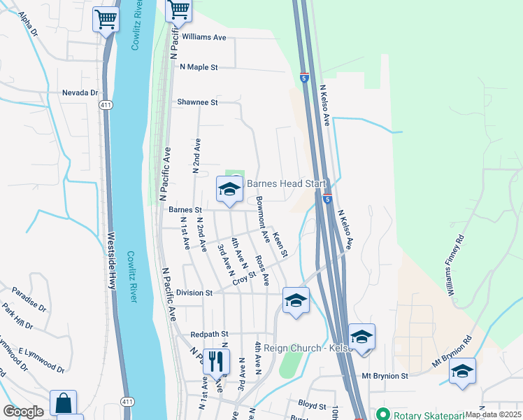 map of restaurants, bars, coffee shops, grocery stores, and more near 504 Barnes Street in Kelso