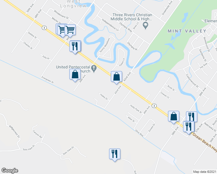 map of restaurants, bars, coffee shops, grocery stores, and more near 2111 42nd Avenue in Longview