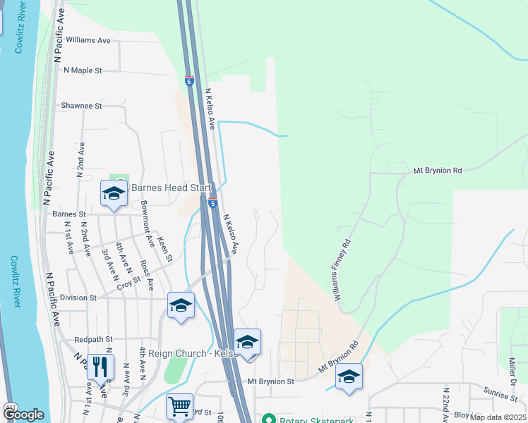 map of restaurants, bars, coffee shops, grocery stores, and more near 1923 Teresa Way in Kelso