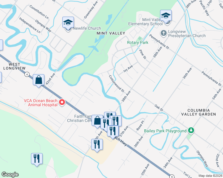 map of restaurants, bars, coffee shops, grocery stores, and more near 4 Ash Place in Longview