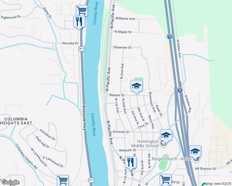 map of restaurants, bars, coffee shops, grocery stores, and more near 109 Barnes Street in Kelso