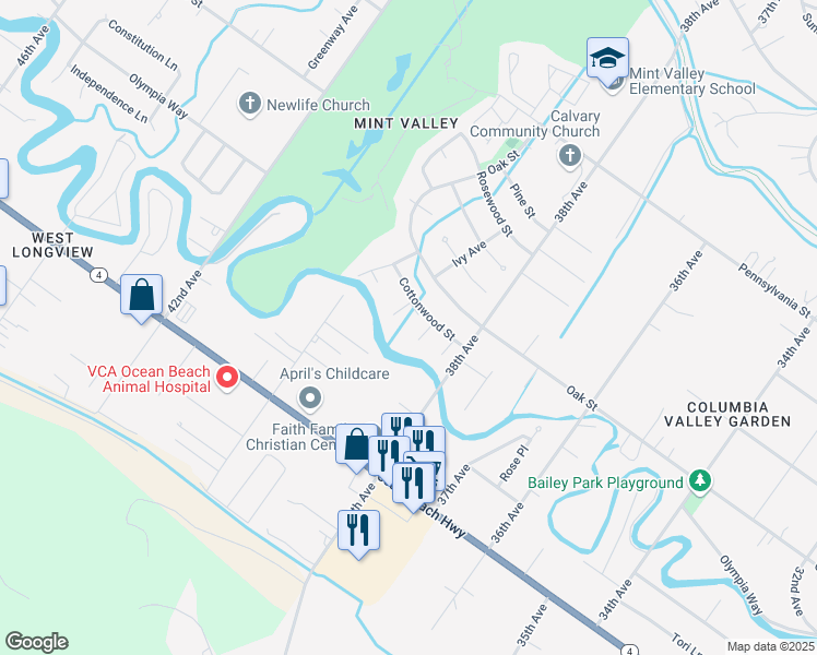 map of restaurants, bars, coffee shops, grocery stores, and more near 4 Ash Place in Longview