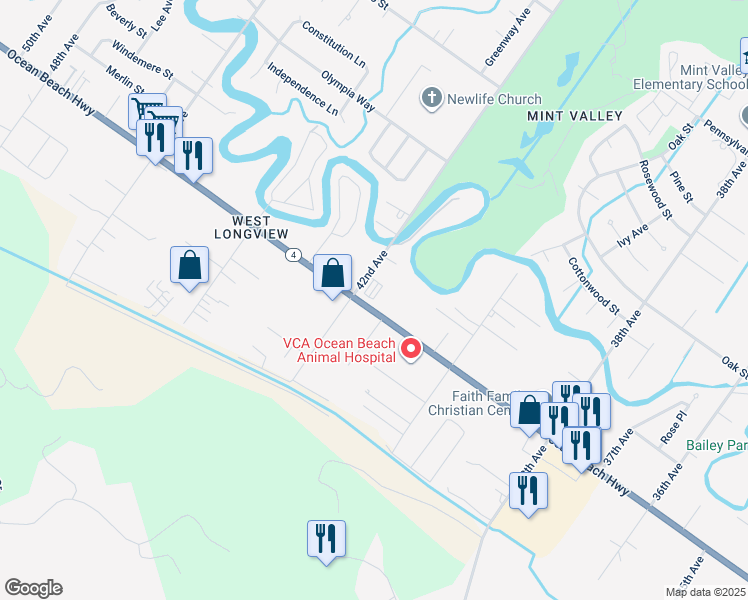 map of restaurants, bars, coffee shops, grocery stores, and more near 4138 Ocean Beach Highway in Longview