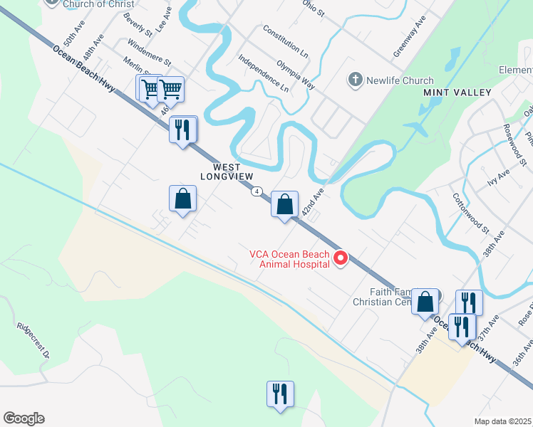 map of restaurants, bars, coffee shops, grocery stores, and more near 2111 42nd Avenue in Longview