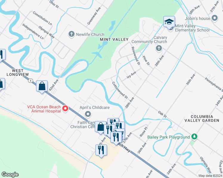 map of restaurants, bars, coffee shops, grocery stores, and more near 4 Ash Place in Longview