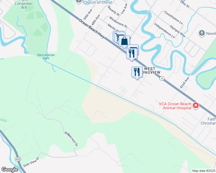 map of restaurants, bars, coffee shops, grocery stores, and more near 2008 46th Avenue in Longview