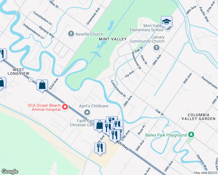 map of restaurants, bars, coffee shops, grocery stores, and more near 3835 Mint Place in Longview