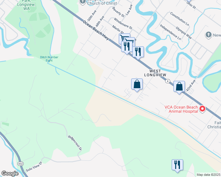 map of restaurants, bars, coffee shops, grocery stores, and more near 2008 46th Avenue in Longview
