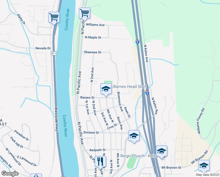 map of restaurants, bars, coffee shops, grocery stores, and more near 401 Barnes Street in Kelso