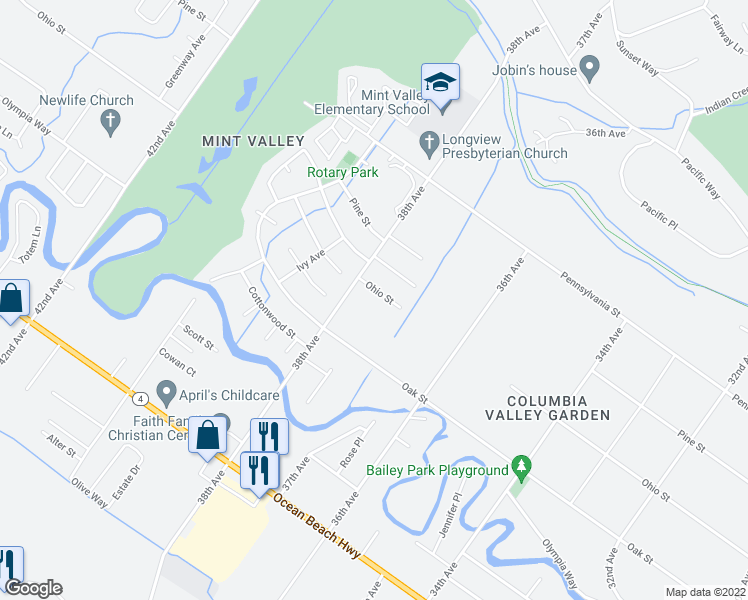 map of restaurants, bars, coffee shops, grocery stores, and more near 3759 Ohio Street in Longview