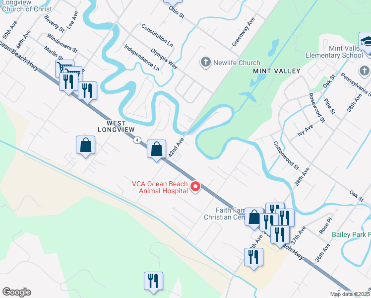 map of restaurants, bars, coffee shops, grocery stores, and more near 2248 42nd Avenue in Longview