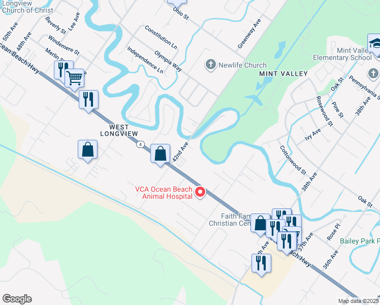 map of restaurants, bars, coffee shops, grocery stores, and more near 2248 42nd Avenue in Longview