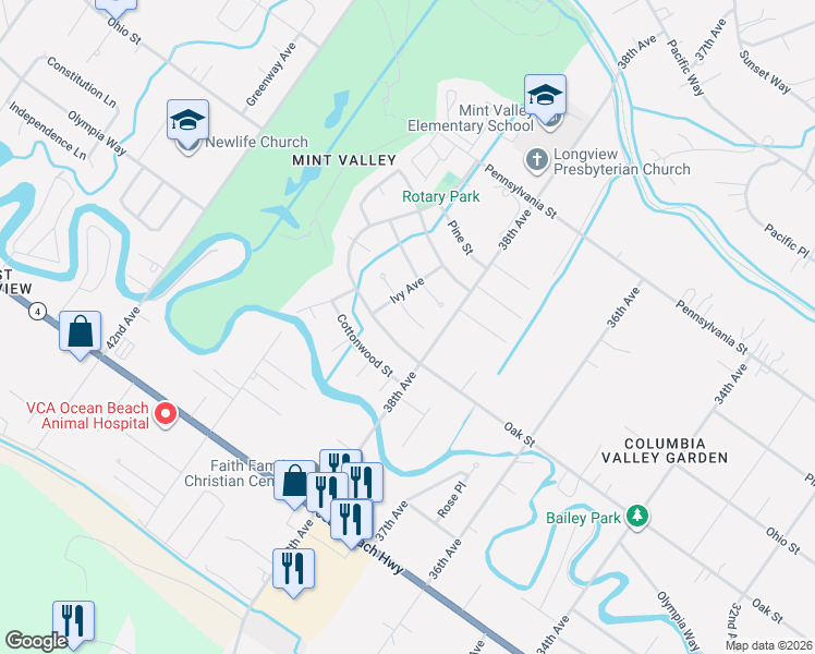 map of restaurants, bars, coffee shops, grocery stores, and more near 3815 Cherrywood Street in Longview