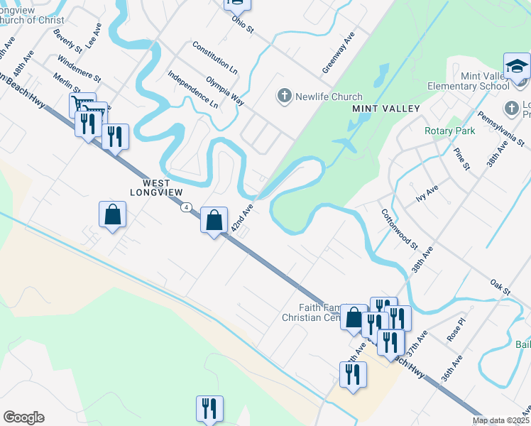 map of restaurants, bars, coffee shops, grocery stores, and more near 2248 42nd Avenue in Longview