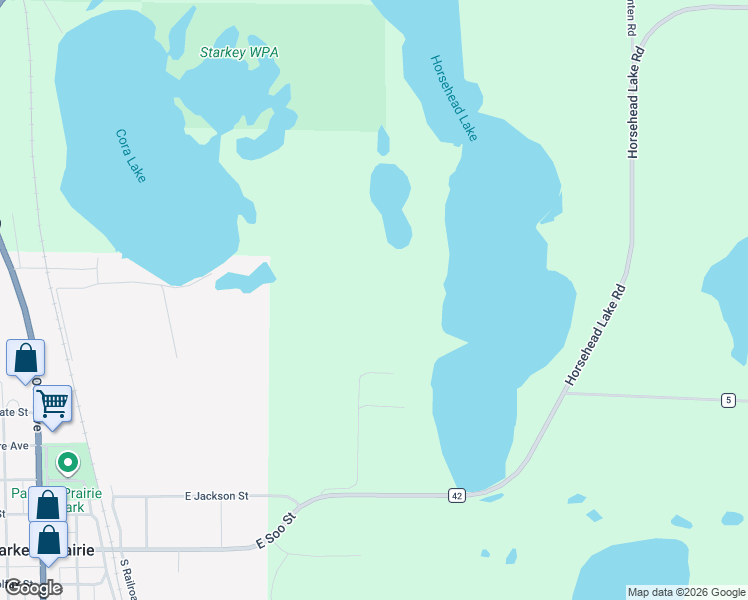 map of restaurants, bars, coffee shops, grocery stores, and more near 13277 County Highway 42 in Parkers Prairie