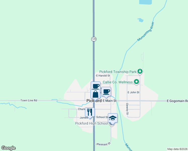 map of restaurants, bars, coffee shops, grocery stores, and more near 153 East Harold Street in Pickford