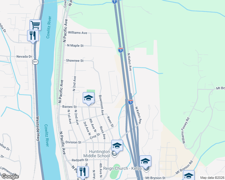 map of restaurants, bars, coffee shops, grocery stores, and more near 127 Tilla Drive in Kelso
