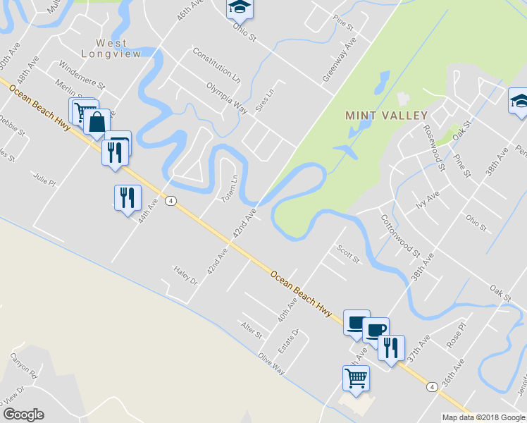 map of restaurants, bars, coffee shops, grocery stores, and more near 2248 42nd Avenue in Longview