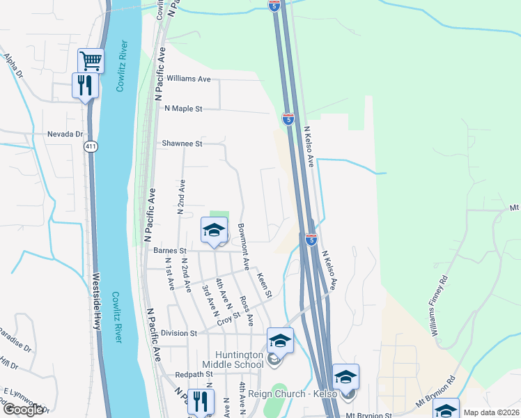 map of restaurants, bars, coffee shops, grocery stores, and more near 127 Tilla Drive in Kelso