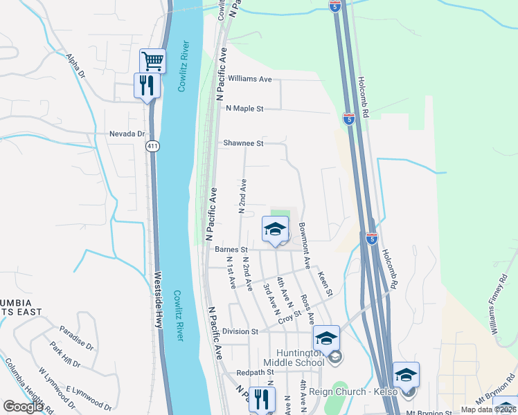 map of restaurants, bars, coffee shops, grocery stores, and more near 204 Veys Avenue in Kelso