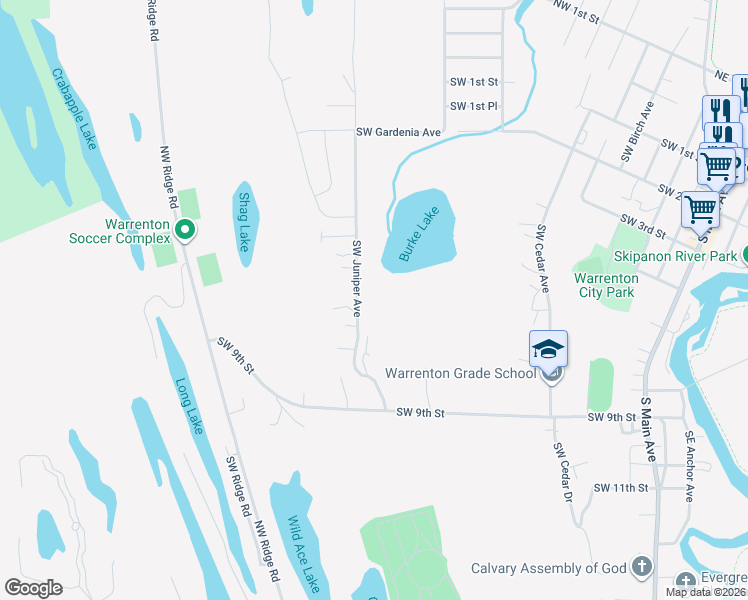 map of restaurants, bars, coffee shops, grocery stores, and more near 702 Southwest Juniper Avenue in Warrenton