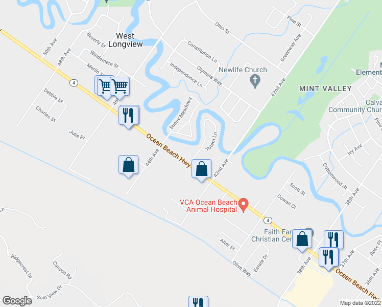 map of restaurants, bars, coffee shops, grocery stores, and more near 4244 Ocean Beach Highway in Longview