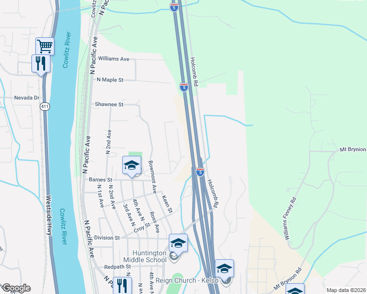 map of restaurants, bars, coffee shops, grocery stores, and more near 73 Veys Drive in Kelso