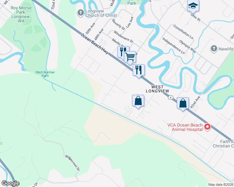 map of restaurants, bars, coffee shops, grocery stores, and more near 2026 46th Avenue in Longview