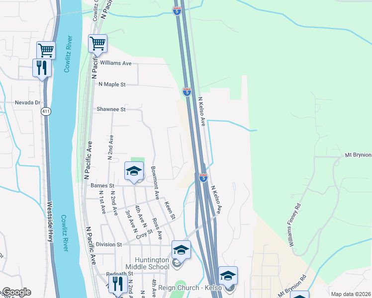map of restaurants, bars, coffee shops, grocery stores, and more near 71 Veys Drive in Kelso